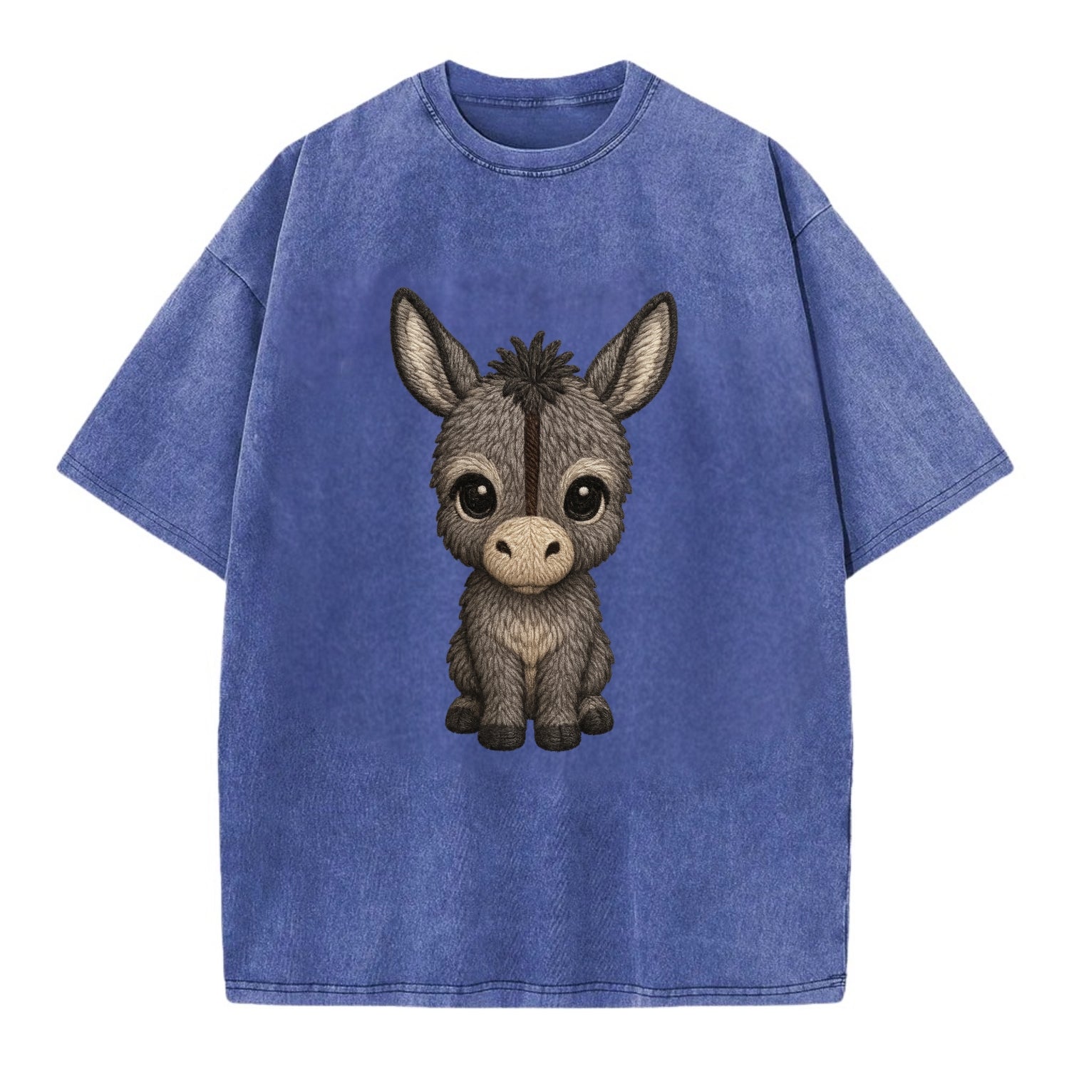 Baby Donkey Foal - gray fluffy, long ears, dark stripe, gentle eyes, - Vintage T-shirt - Blue