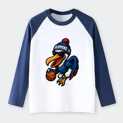Los Angeles Pelican wearing Clippers beanie with sailboat patch and - Raglan Long Sleeve T-Shirt - Blue