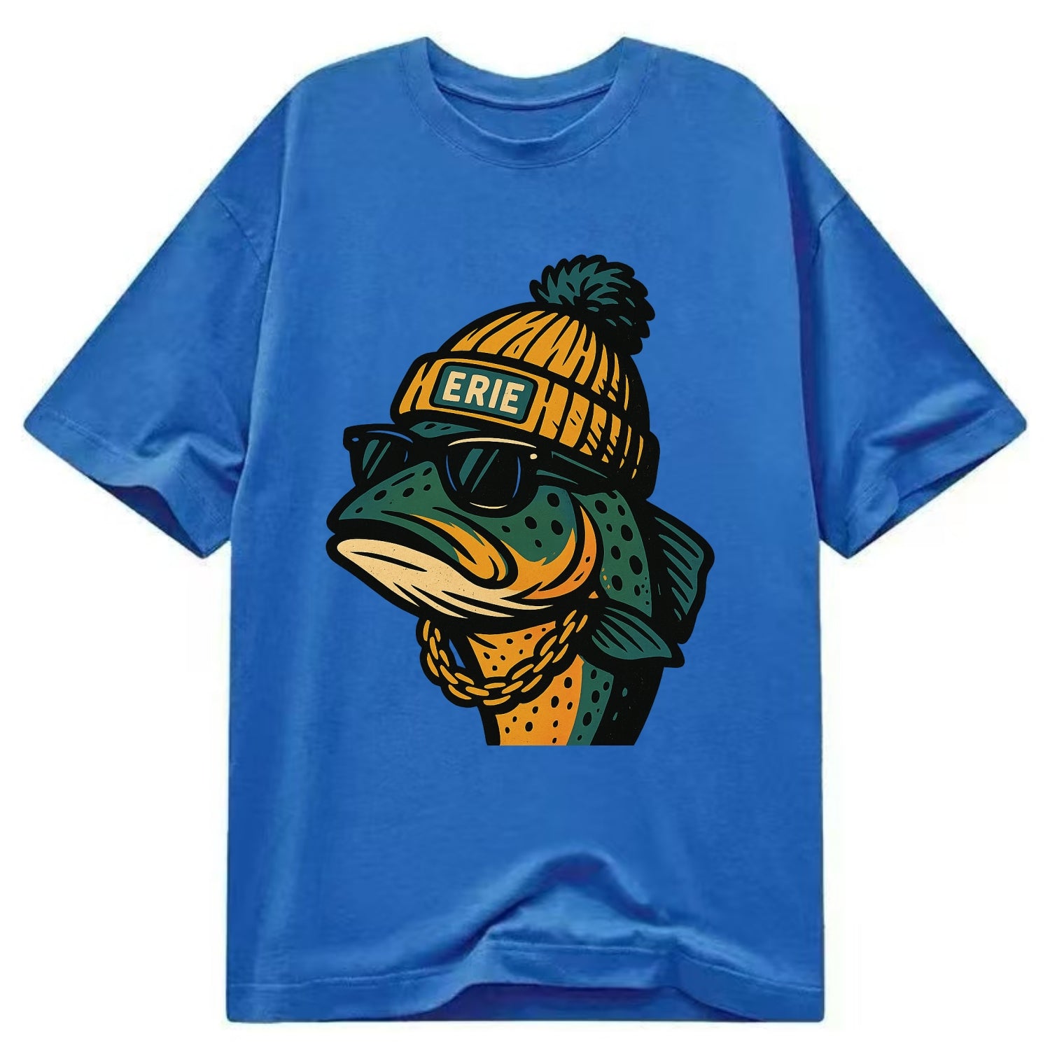 Erie Lake Trout wearing Erie beanie with pom pom and wayfarer sunglasses - Classic T-shirt - Blue