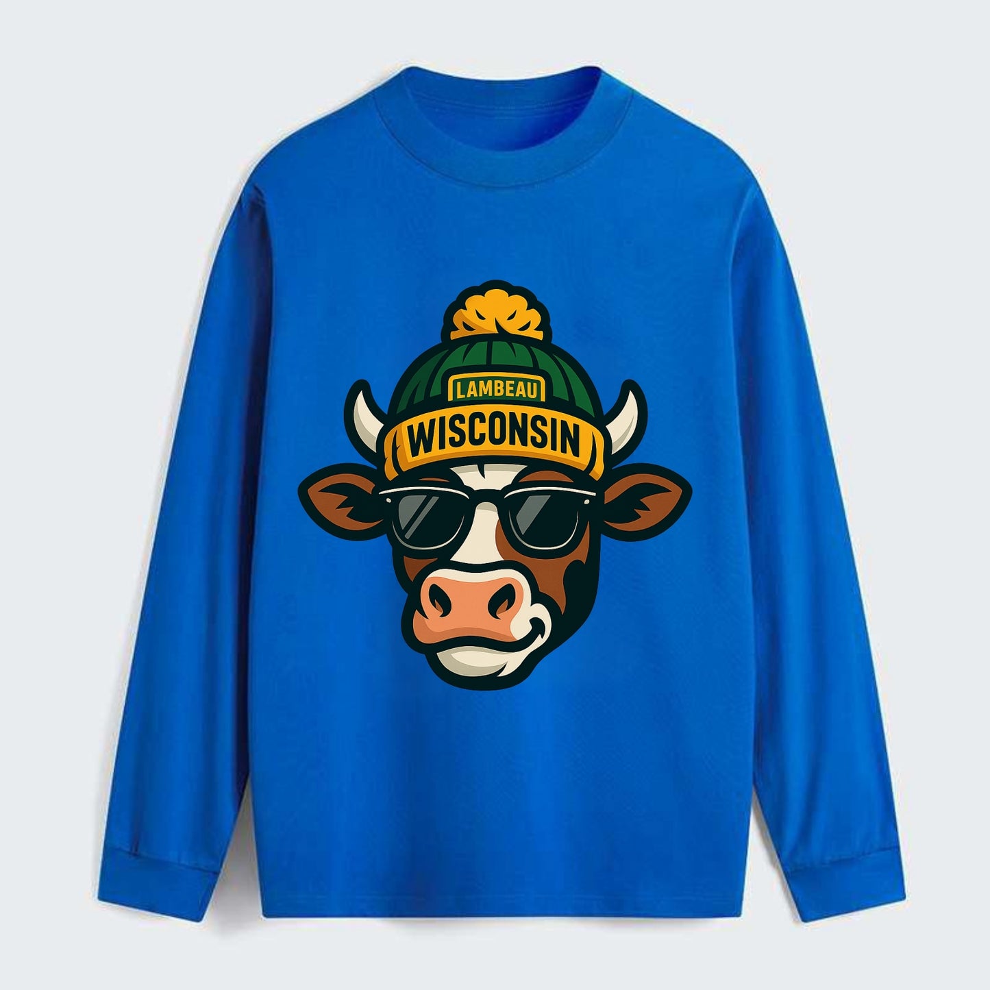 Wisconsin Cow wearing Packers beanie with Lambeau patch and wayfarer - Classic Long Sleeve Shirt - Blue