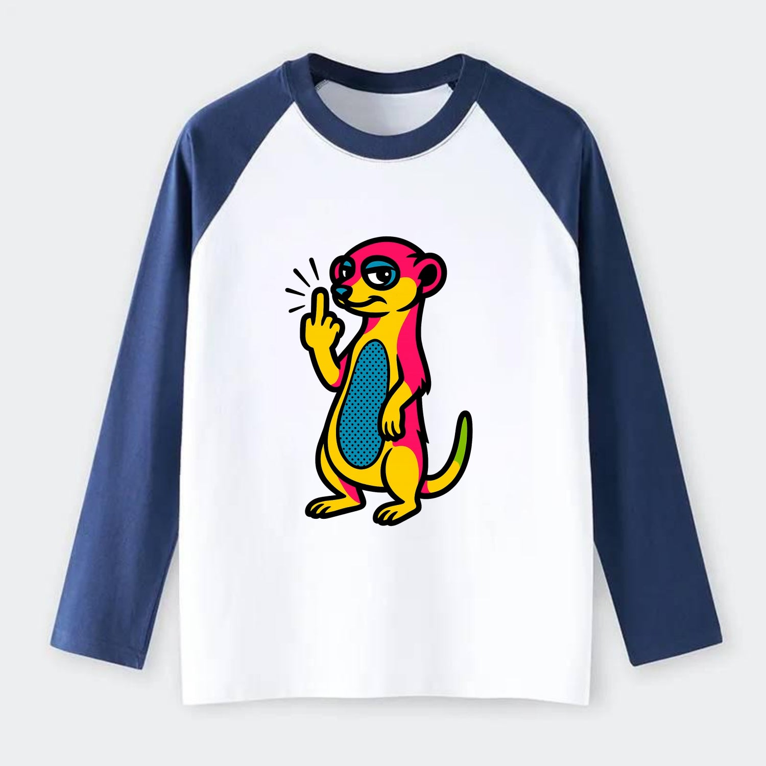 cute meerkat standing guard on hind legs, one front paw raised in - Raglan Long Sleeve T-Shirt - Blue