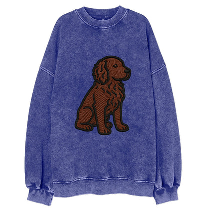 Boykin Spaniel - Rich chocolate brown wavy coat embroidered sitting pose - Vintage Sweatshirt - Blue