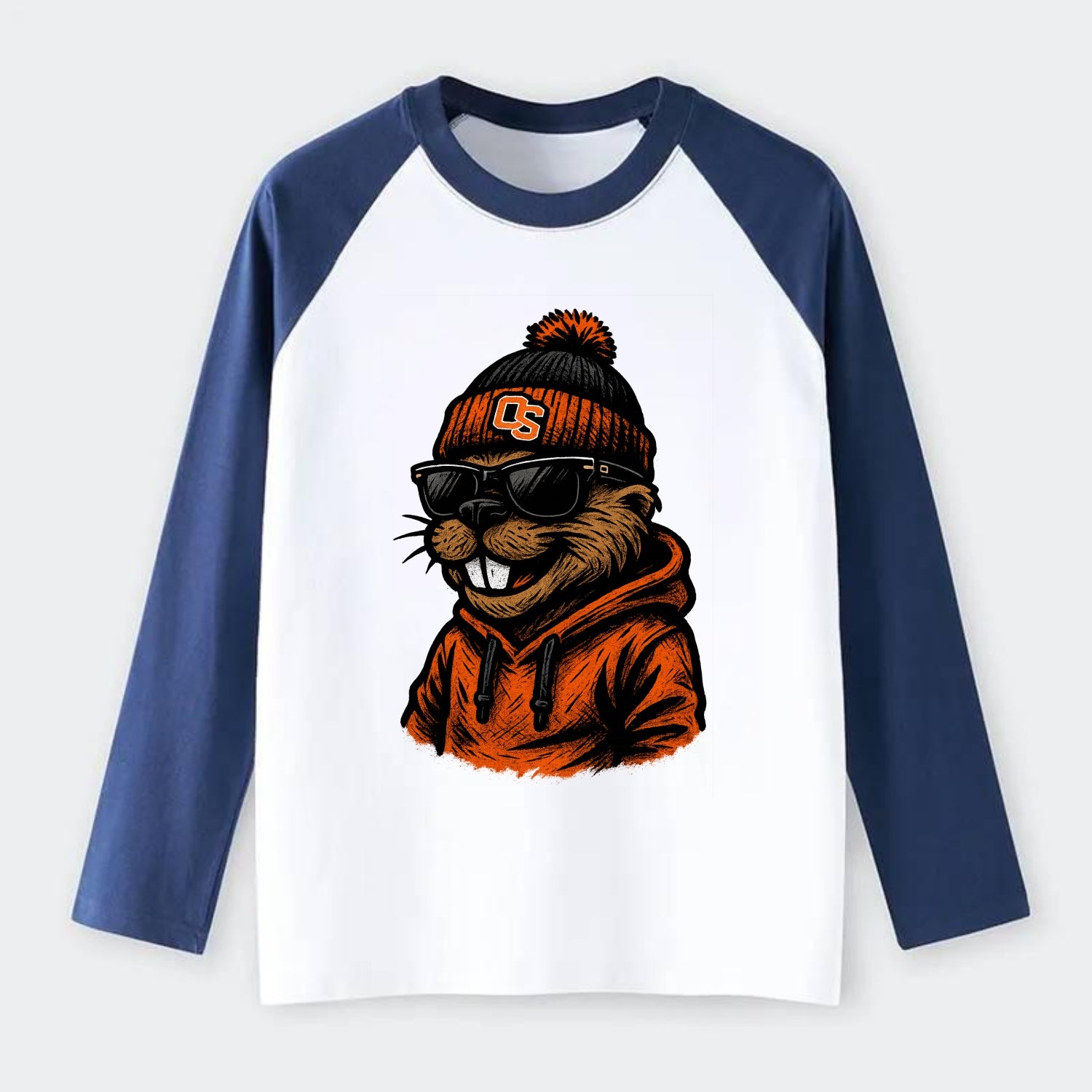 Corvallis Beaver wearing Oregon State beanie with OS patch - Raglan Long Sleeve T-Shirt - Blue