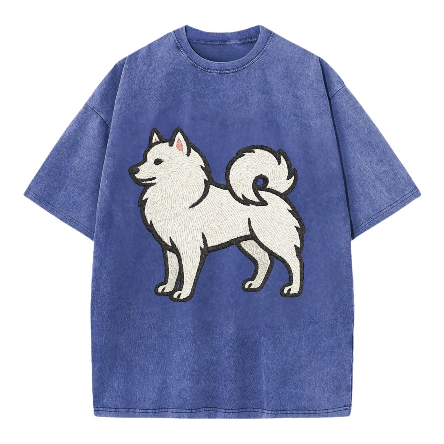 American Eskimo Dog - White spitz embroidered standing design - Vintage T-shirt - Blue