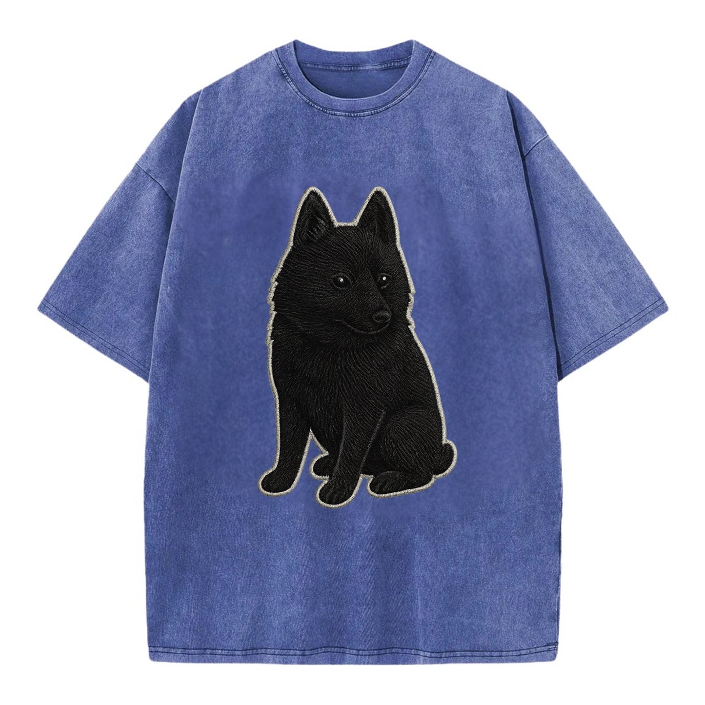 Schipperke - Solid black small embroidered sitting pose - Vintage T-shirt - Blue