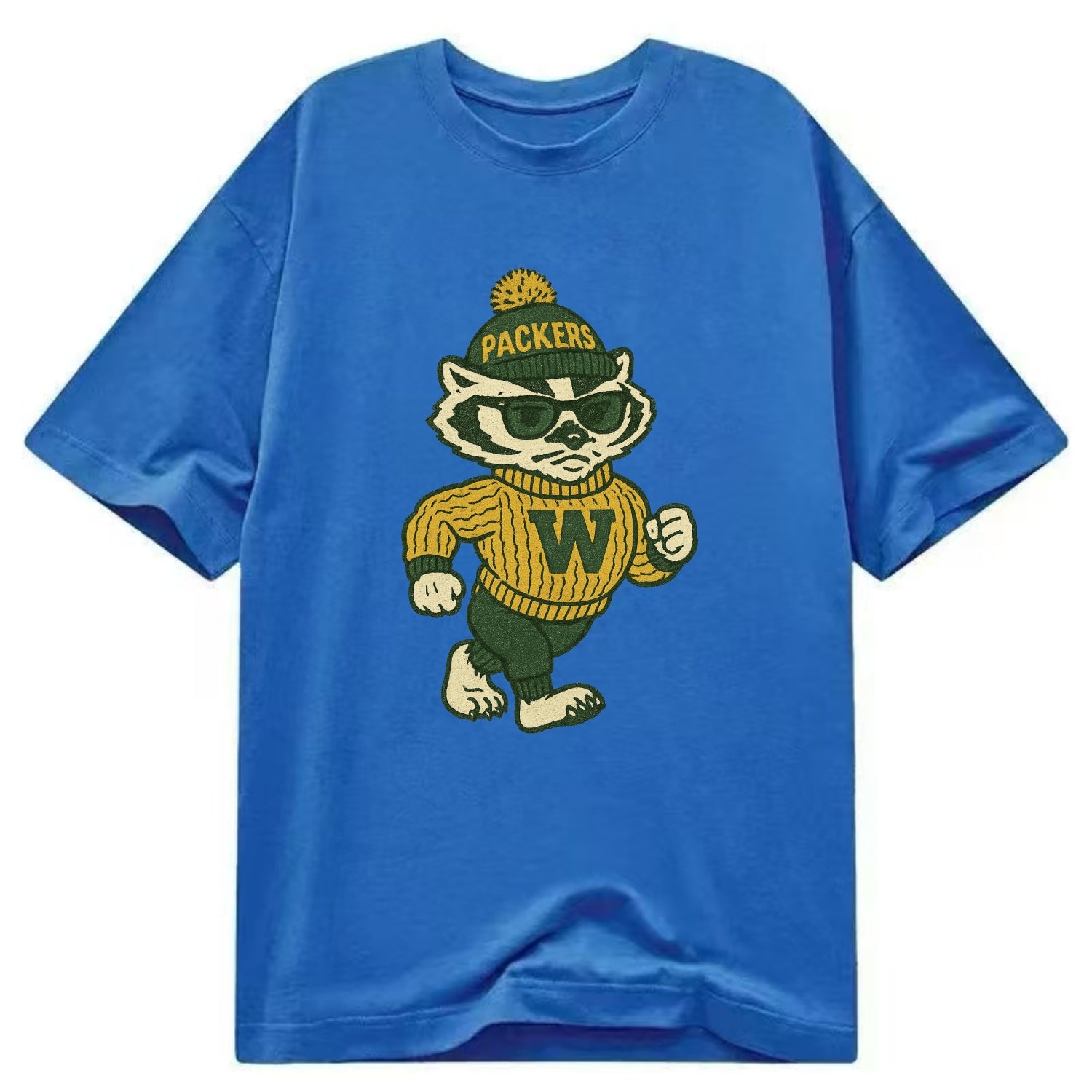 Wisconsin Badger wearing Packers green and gold beanie with pom pom and wayfarer - Classic T-shirt - Blue