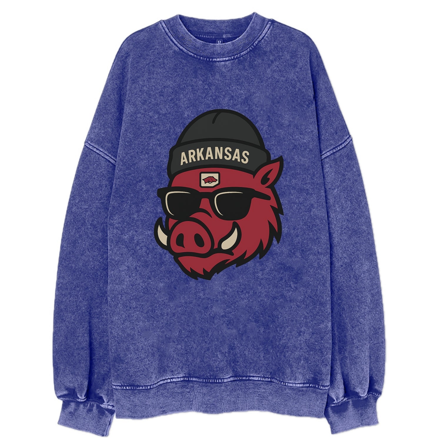 Fayetteville Razorback wearing Arkansas beanie with hog patch - Vintage Sweatshirt - Blue