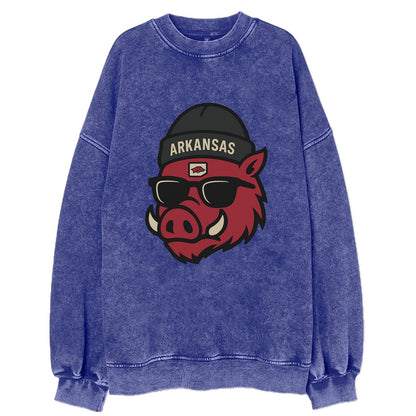 Fayetteville Razorback wearing Arkansas beanie with hog patch - Vintage Sweatshirt - Blue