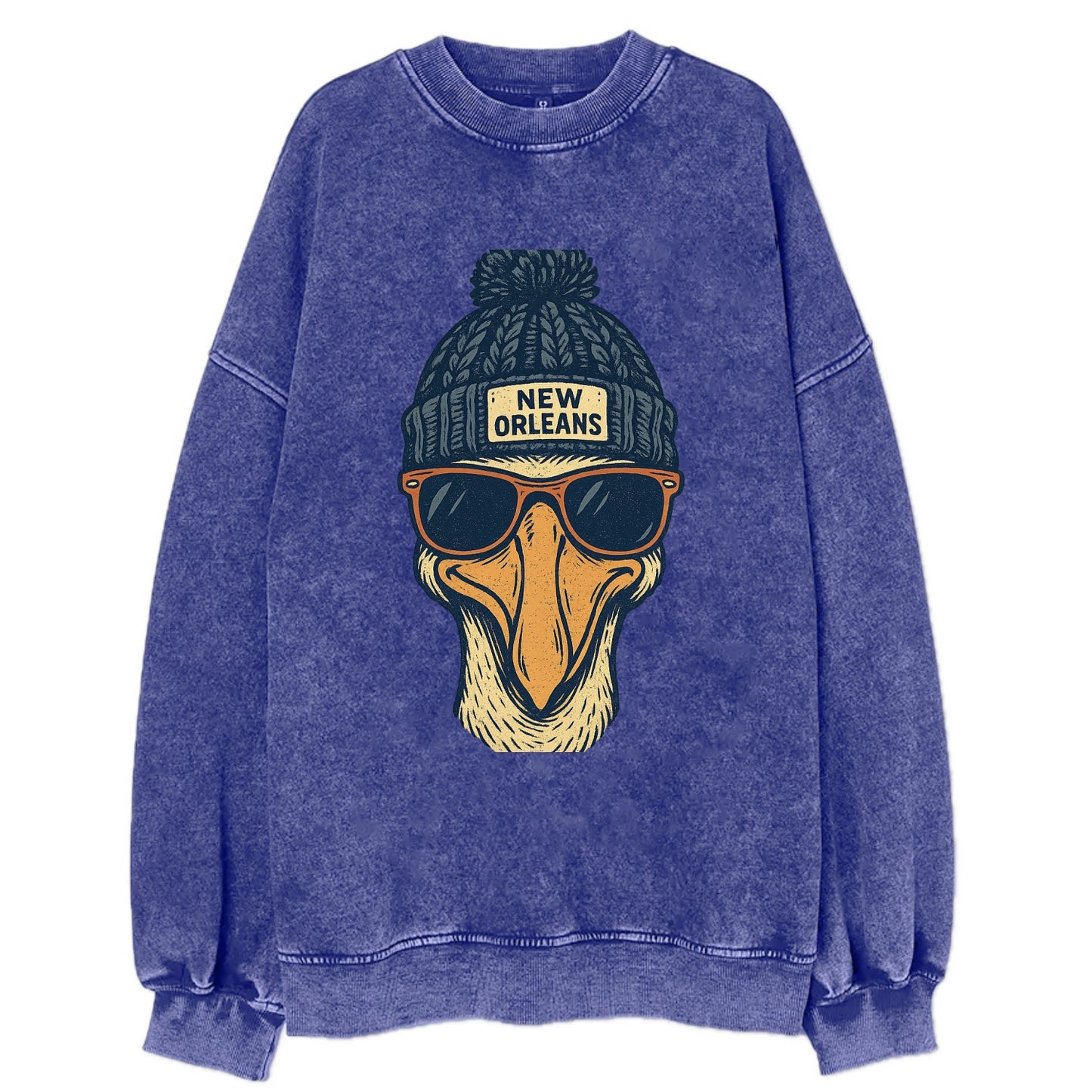 New Orleans Pelican wearing New Orleans beanie with pom pom and wayfarer - Vintage Sweatshirt - Blue