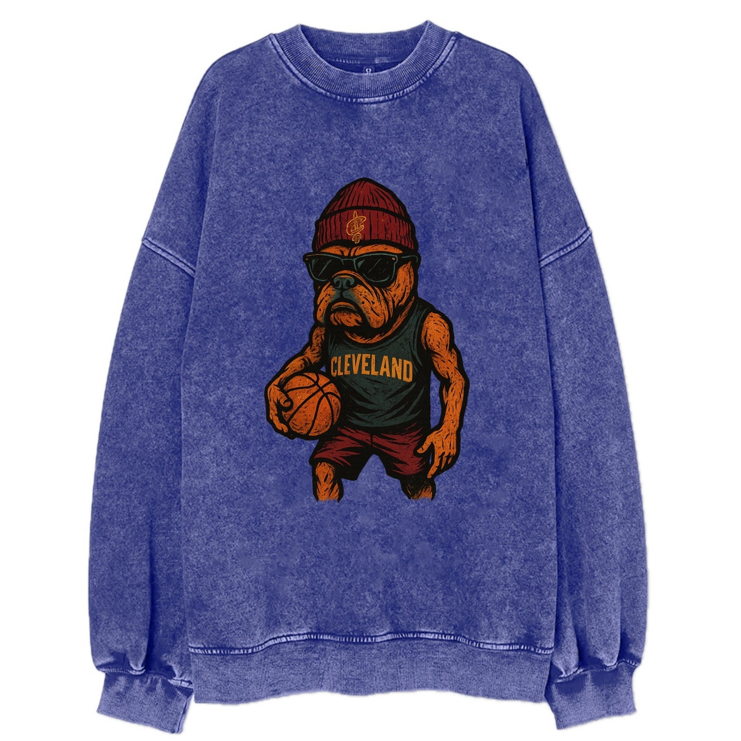 Cleveland Bulldog wearing Cavaliers wine and gold beanie with sword patch and - Vintage Sweatshirt - Blue