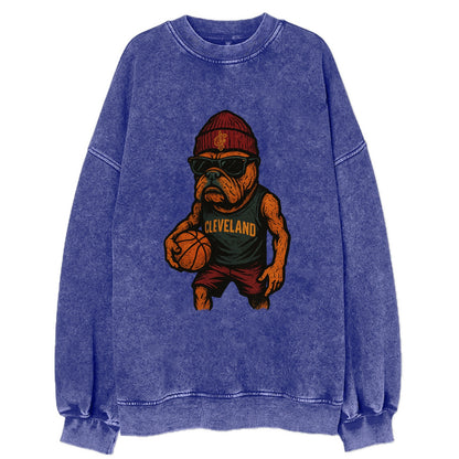 Cleveland Bulldog wearing Cavaliers wine and gold beanie with sword patch and - Vintage Sweatshirt - Blue