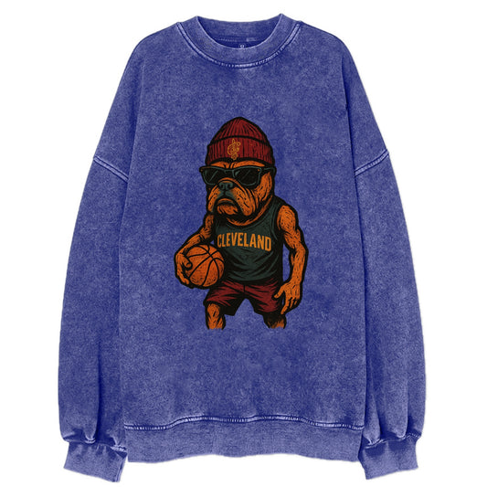 Cleveland Bulldog wearing Cavaliers wine and gold beanie with sword patch and - Vintage Sweatshirt - Blue