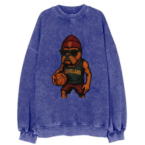 Cleveland Bulldog wearing Cavaliers wine and gold beanie with sword patch and - Vintage Sweatshirt