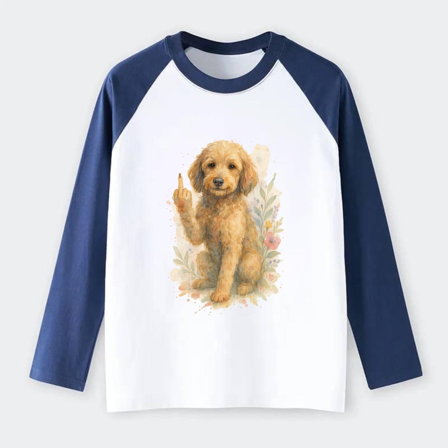 Labradoodle hypoallergenic with wavy coat, intelligent eyes, paw raised - Raglan Long Sleeve T-Shirt - Blue