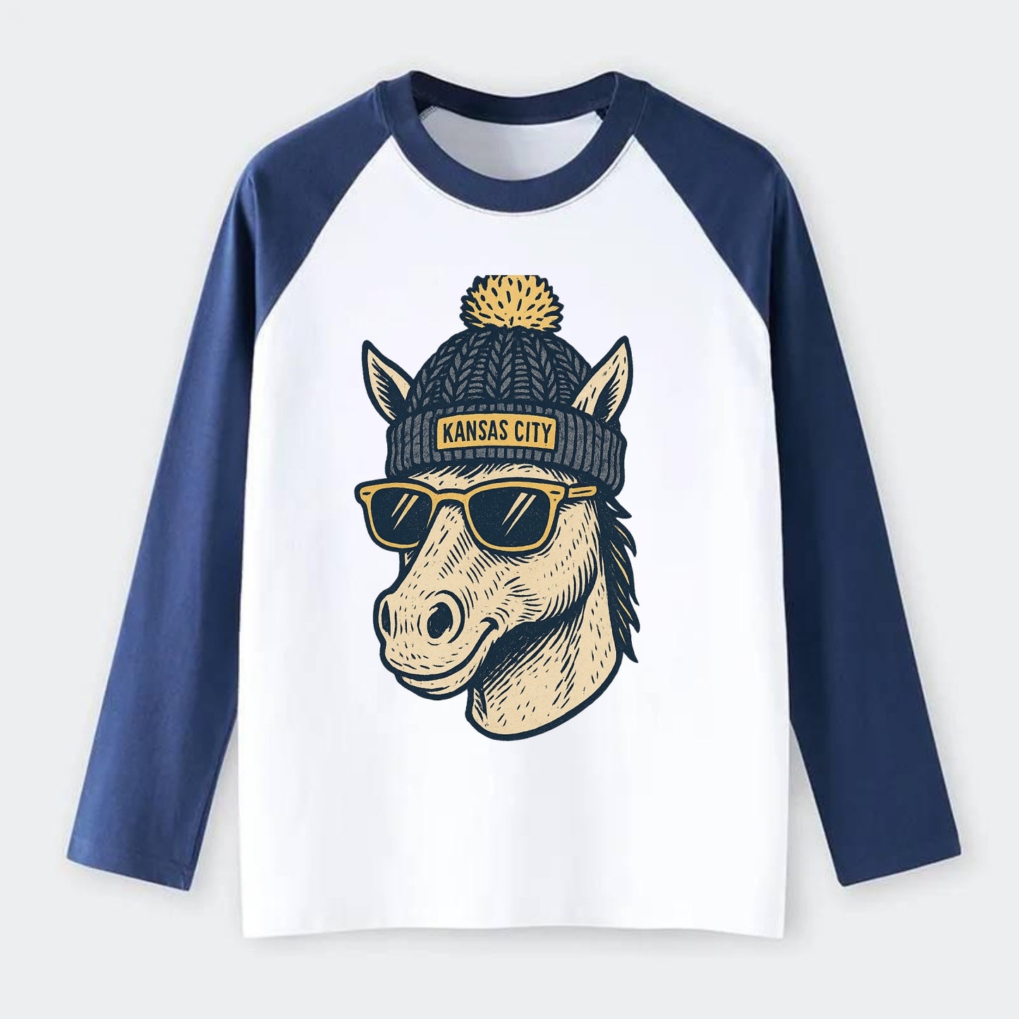 Missouri Mule wearing Kansas City beanie with pom pom and wayfarer - Raglan Long Sleeve T-Shirt - Blue