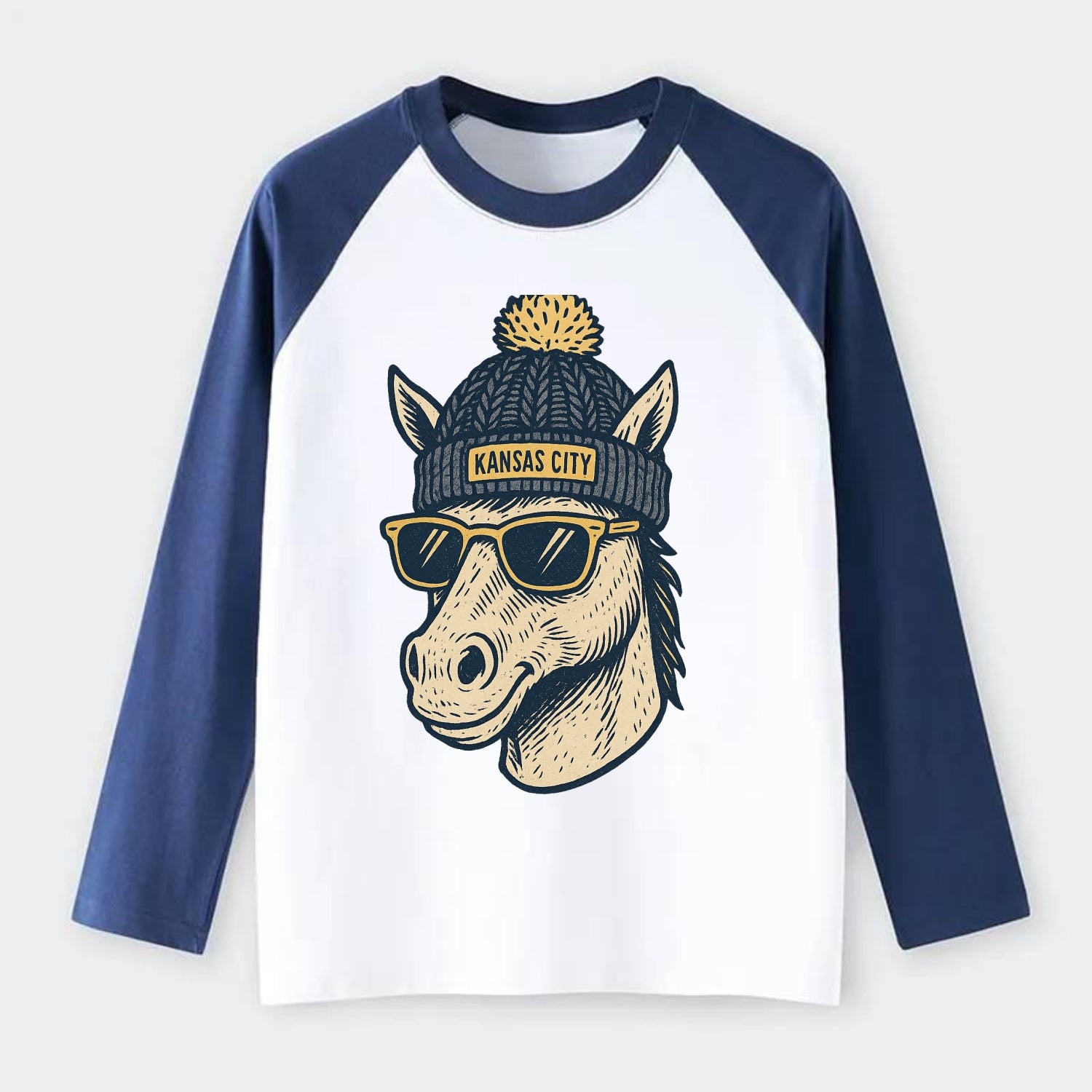Missouri Mule wearing Kansas City beanie with pom pom and wayfarer - Raglan Long Sleeve T-Shirt - Blue