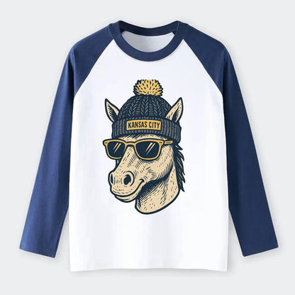 Missouri Mule wearing Kansas City beanie with pom pom and wayfarer - Raglan Long Sleeve T-Shirt - Blue