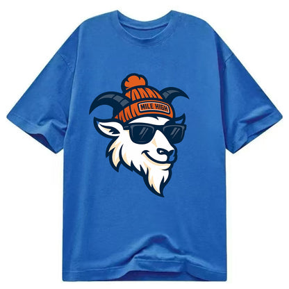 Denver Mountain Goat wearing Broncos beanie with Mile High patch and wayfarer - Classic T-shirt - Blue