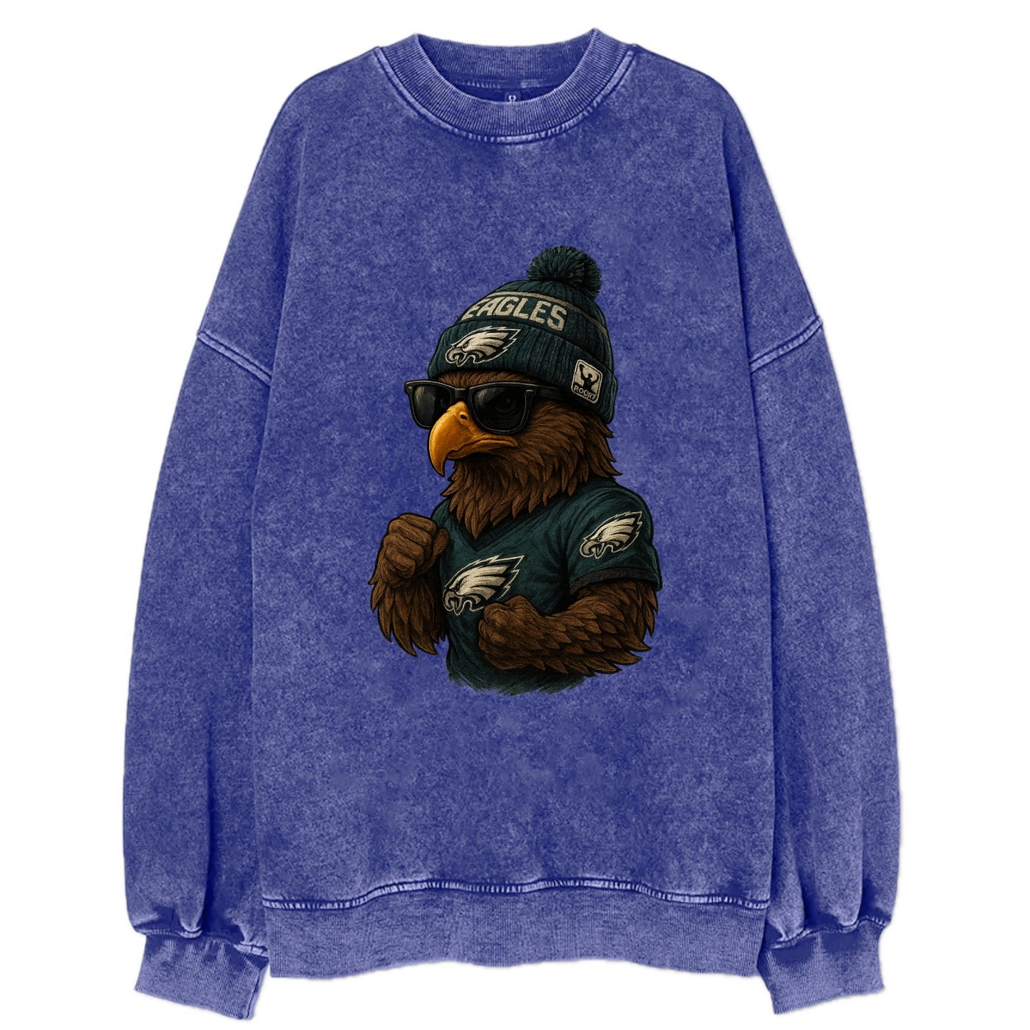 Philly Hawk wearing Eagles beanie with Rocky patch and wayfarer sunglasses - Vintage Sweatshirt - Blue