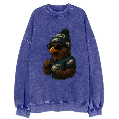 Philly Hawk wearing Eagles beanie with Rocky patch and wayfarer sunglasses - Vintage Sweatshirt - Blue