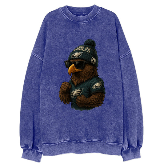 Philly Hawk wearing Eagles beanie with Rocky patch and wayfarer sunglasses - Vintage Sweatshirt - Blue