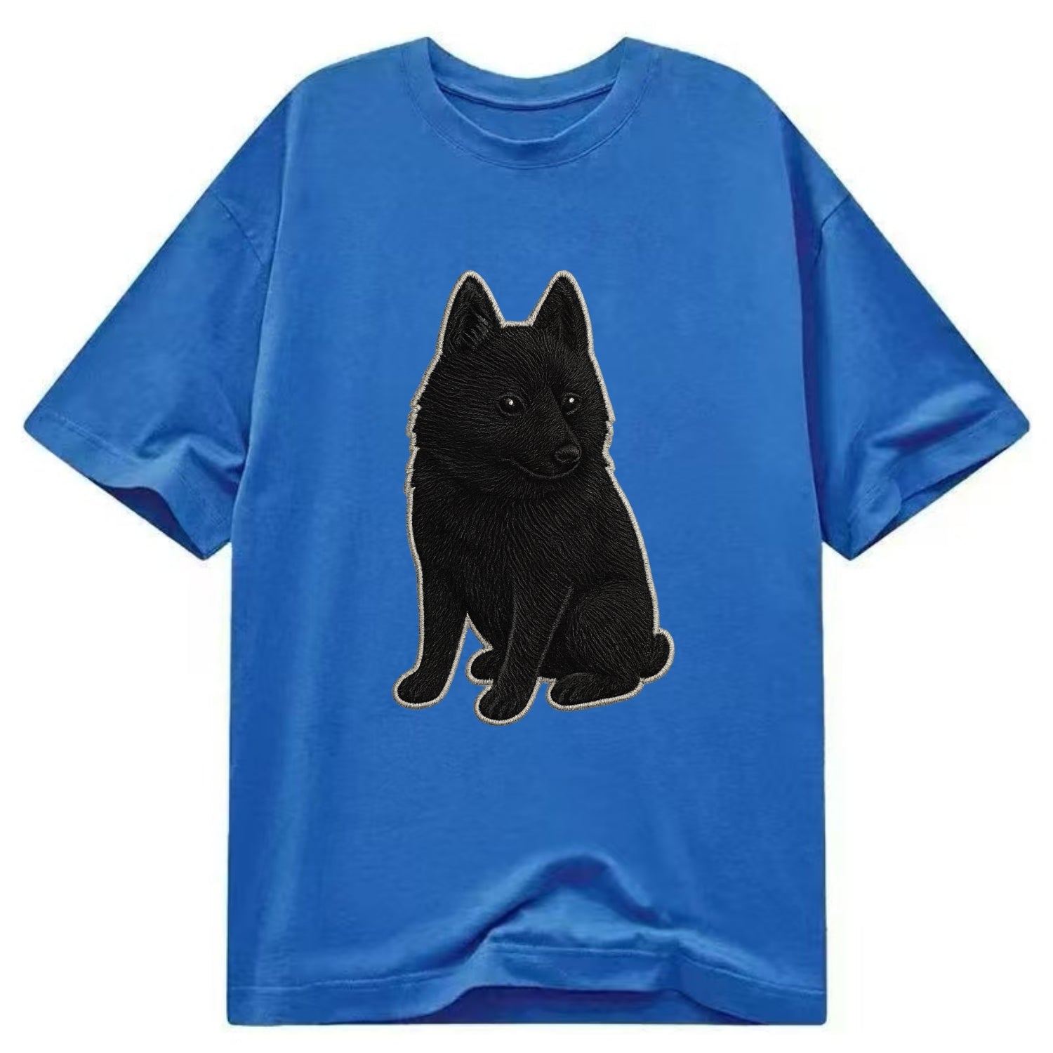 Schipperke - Solid black small embroidered sitting pose - Classic T-shirt - Blue