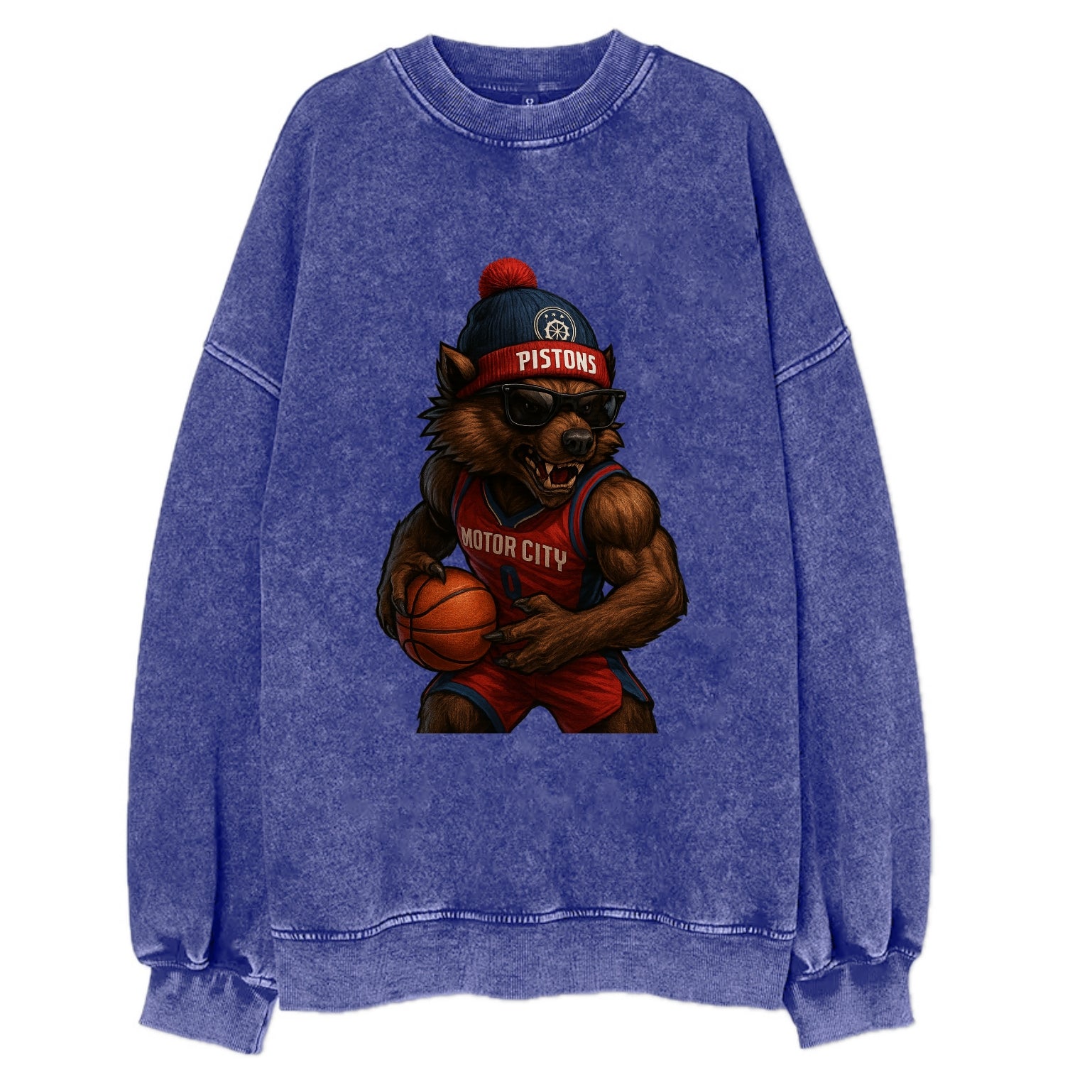 Motor City Wolverine wearing Pistons beanie with gear patch and wayfarer - Vintage Sweatshirt - Blue