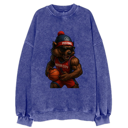 Motor City Wolverine wearing Pistons beanie with gear patch and wayfarer - Vintage Sweatshirt - Blue