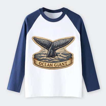 WHALE TAIL - diving whale in blue and gray , ocean giant - Raglan Long Sleeve T-Shirt - Blue