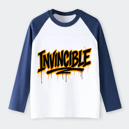 Bold typography design - "INVINCIBLE" - cannot be defeated, - Raglan Long Sleeve T-Shirt - Blue