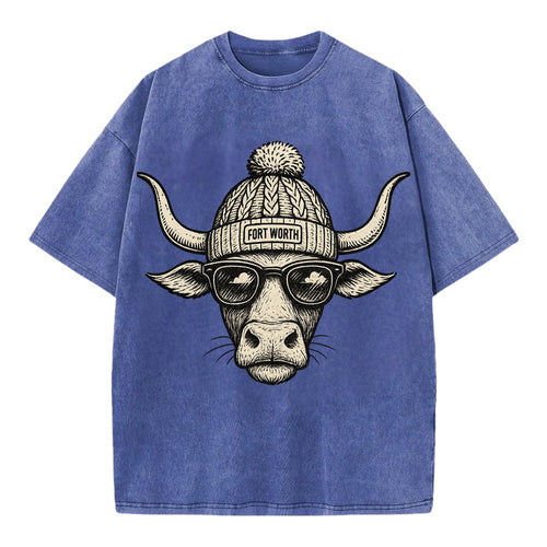 Fort Worth Longhorn wearing Fort Worth beanie with pom pom and wayfarer sunglasses - Vintage T-shirt