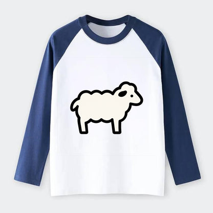 Sheep - White fluffy wool flat side profile - Raglan Long Sleeve T-Shirt - Blue