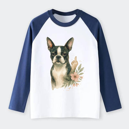 Boston Terrier with tuxedo markings, perky ears, paw up giving sass - Raglan Long Sleeve T-Shirt - Blue