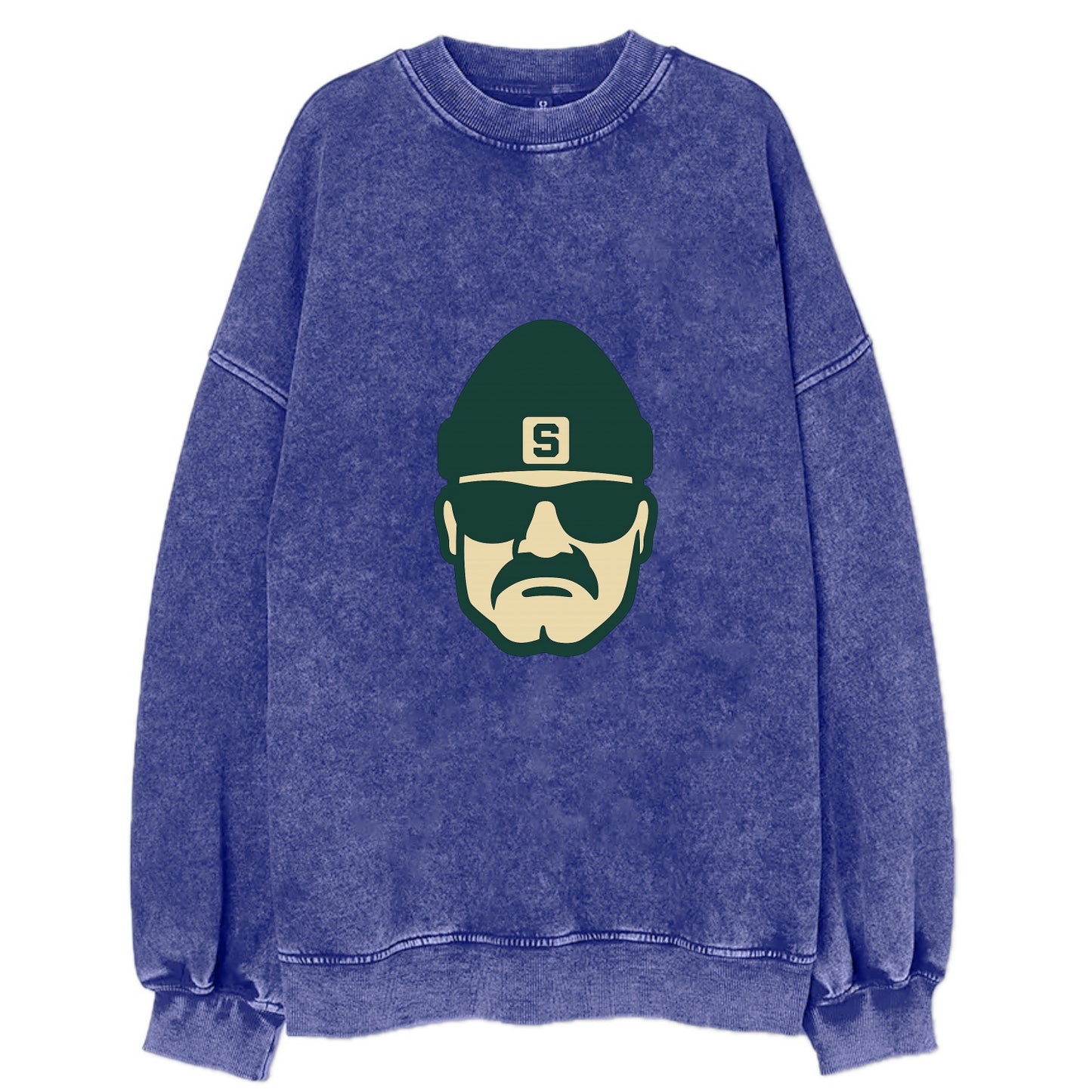 East Lansing Spartan wearing Michigan State beanie with S patch - Vintage Sweatshirt - Blue