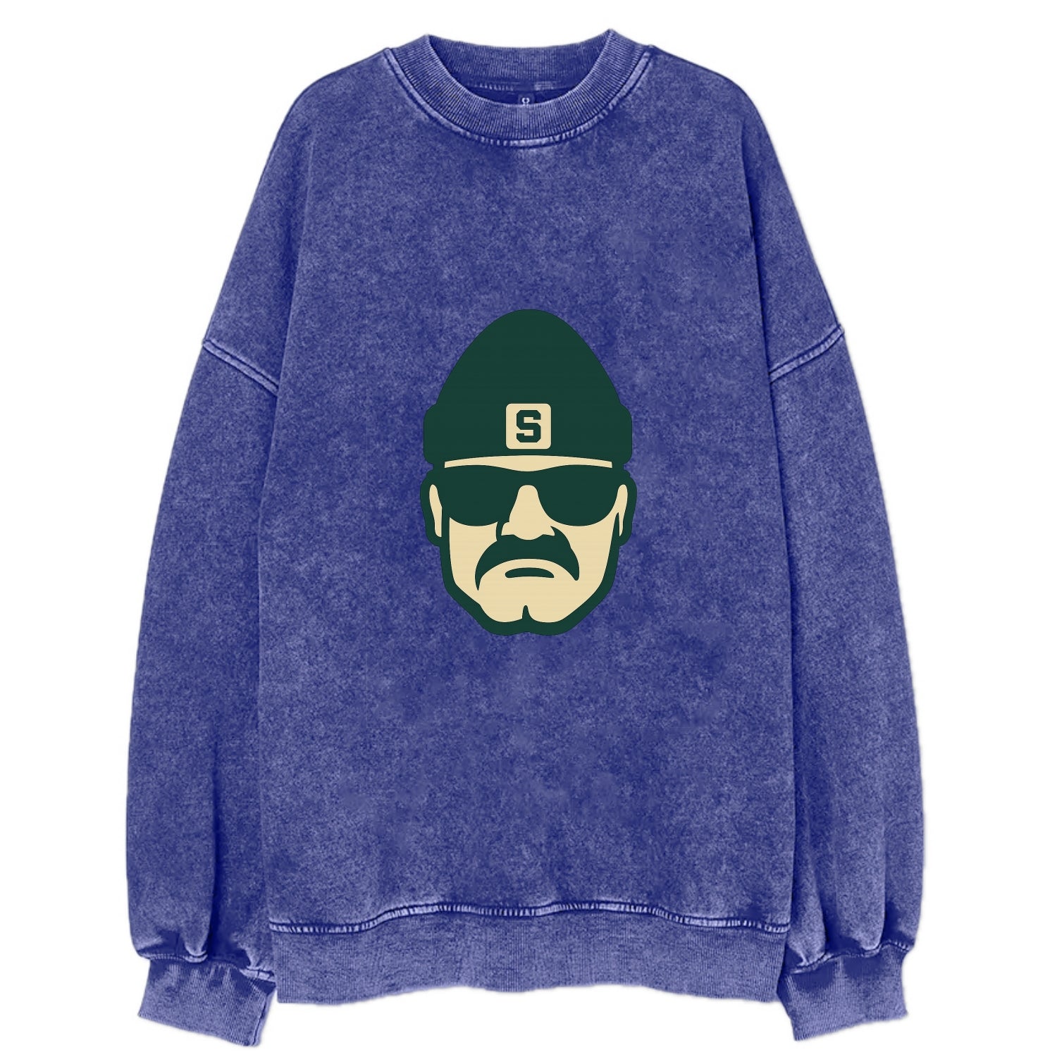 East Lansing Spartan wearing Michigan State beanie with S patch - Vintage Sweatshirt - Blue