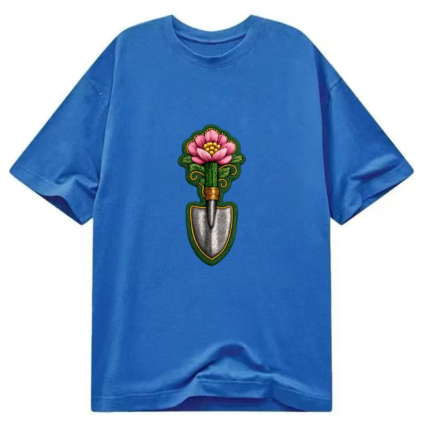 Embroidered patch design - GARDENING TROWEL FLOWER - garden tool with blooming - Classic T-shirt - Blue