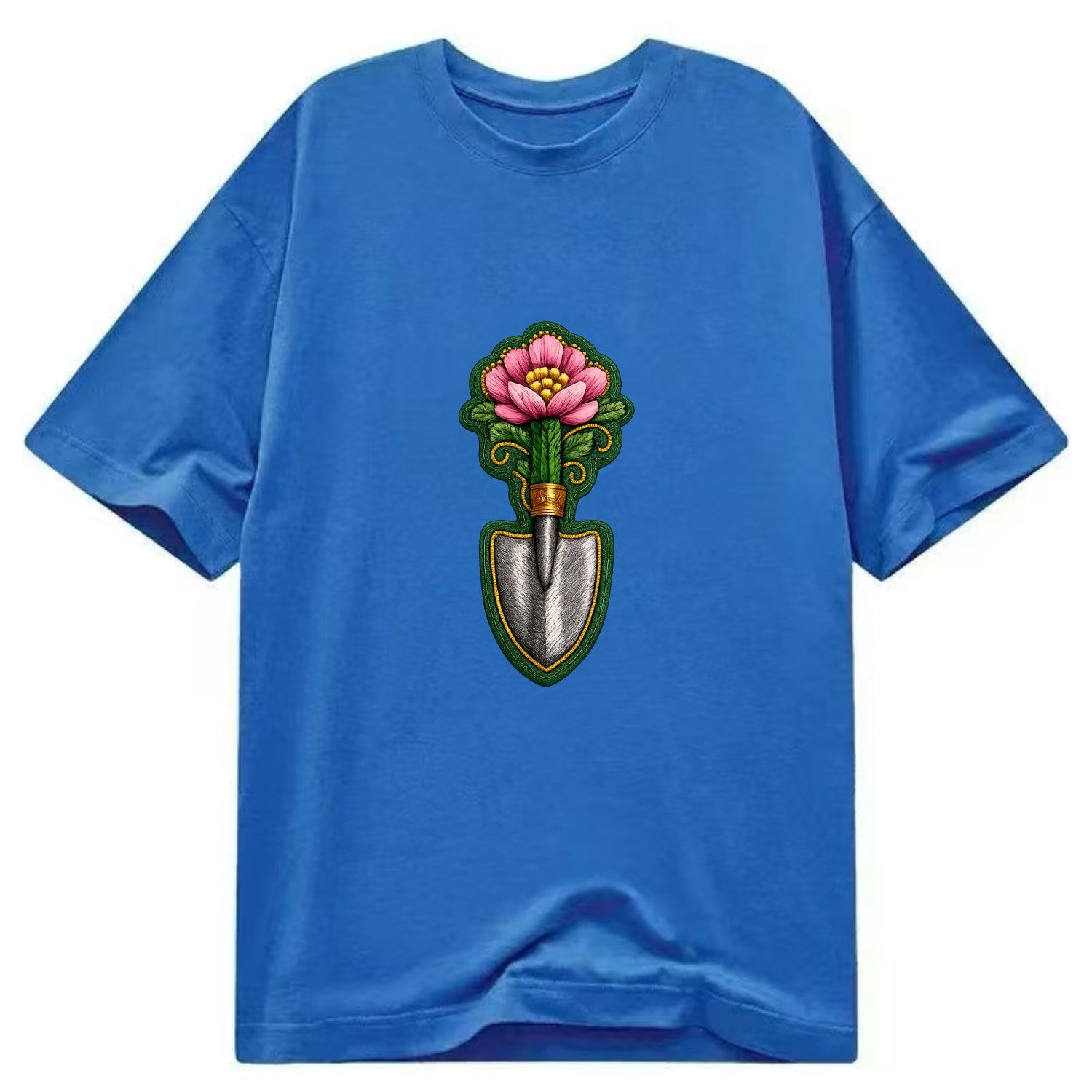 Embroidered patch design - GARDENING TROWEL FLOWER - garden tool with blooming - Classic T-shirt - Blue