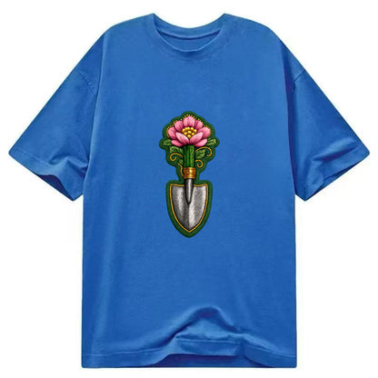 Embroidered patch design - GARDENING TROWEL FLOWER - garden tool with blooming - Classic T-shirt - Blue