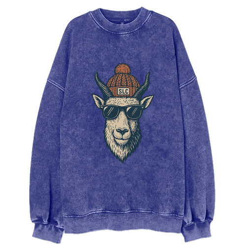 Salt Lake City Mountain Goat wearing SLC beanie with pom pom and wayfarer - Vintage Sweatshirt