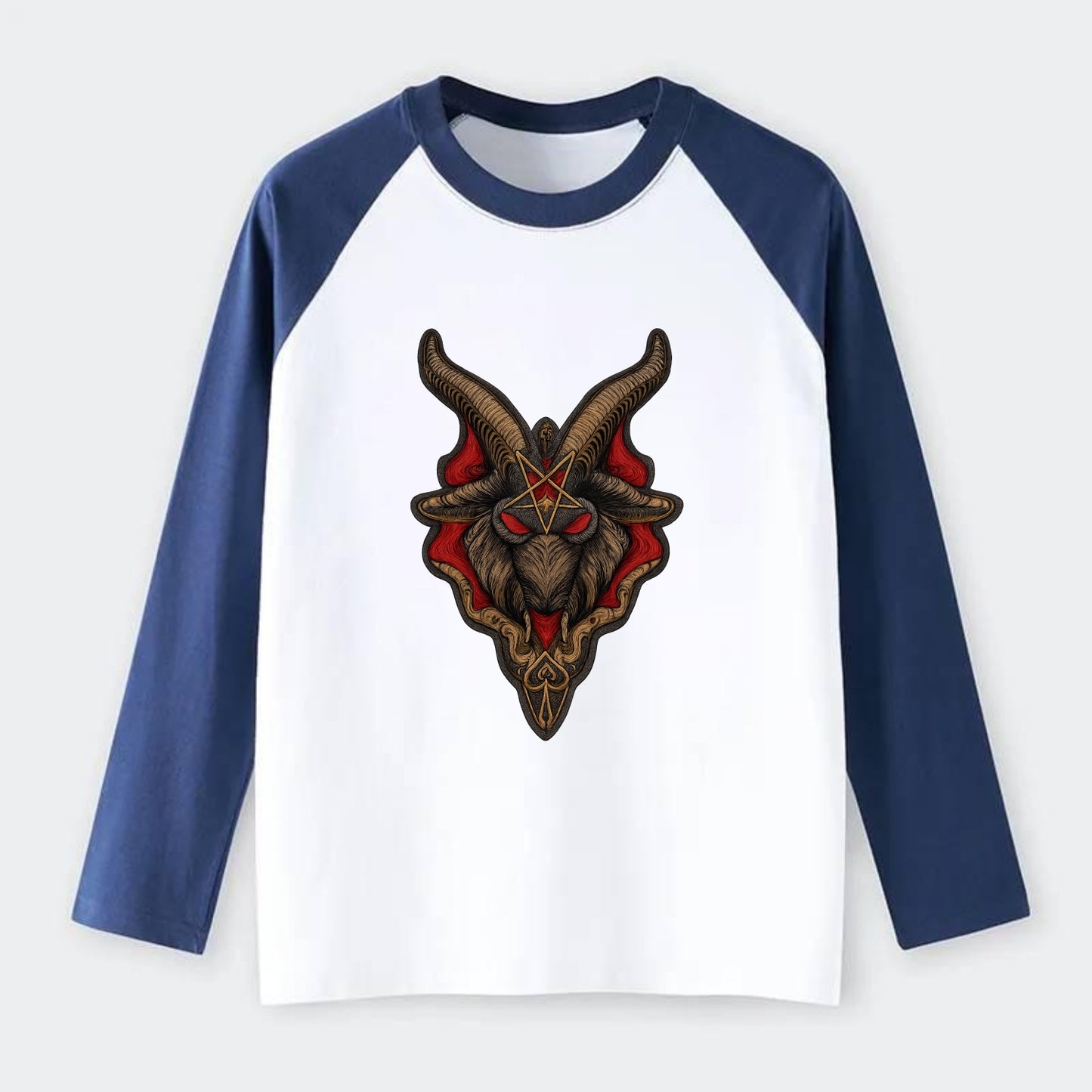 BAPHOMET HEAD - goat head symbol in black and red , occult - Raglan Long Sleeve T-Shirt - Blue