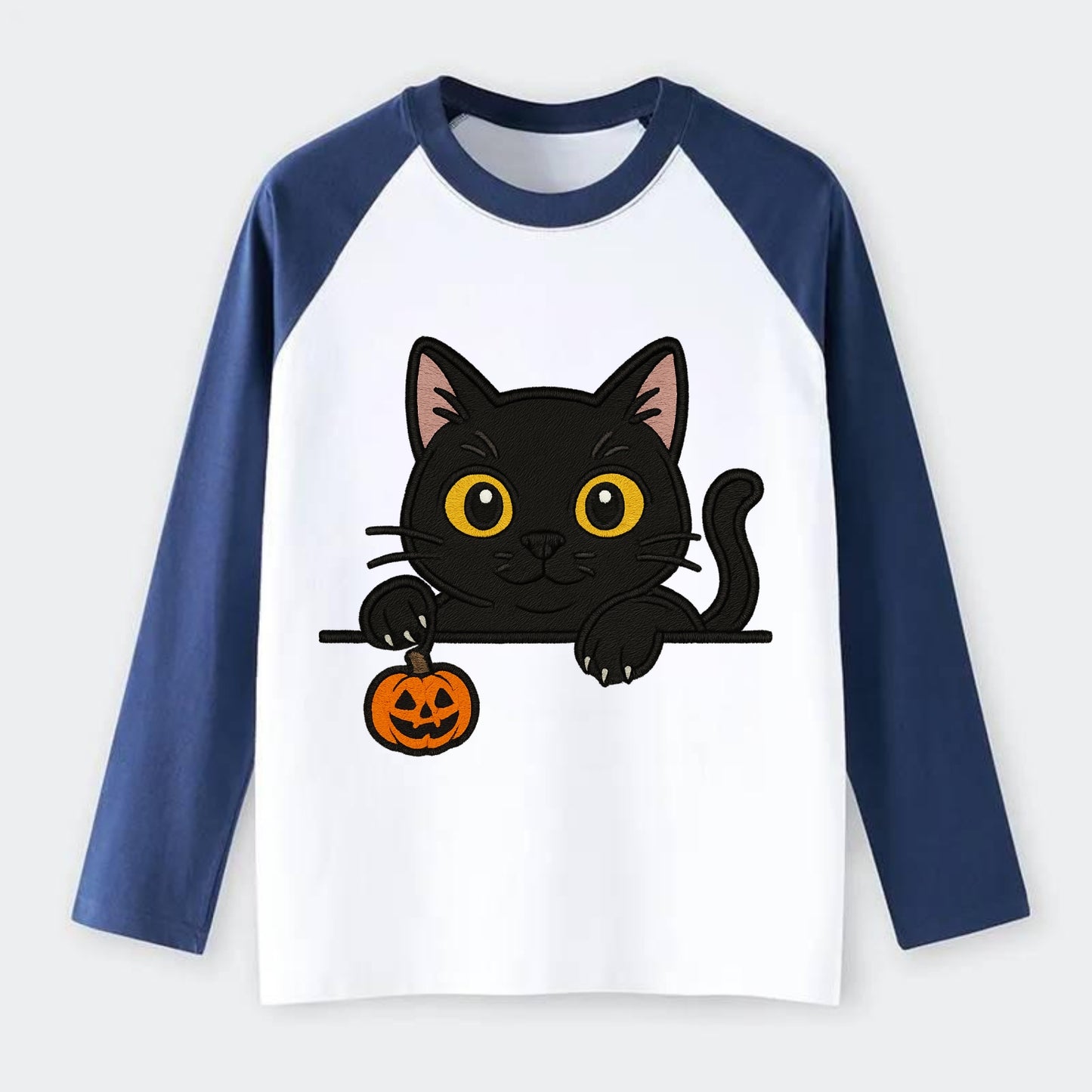 Midnight the black cat poking tongue out playfully while peeking. - Raglan Long Sleeve T-Shirt - Blue