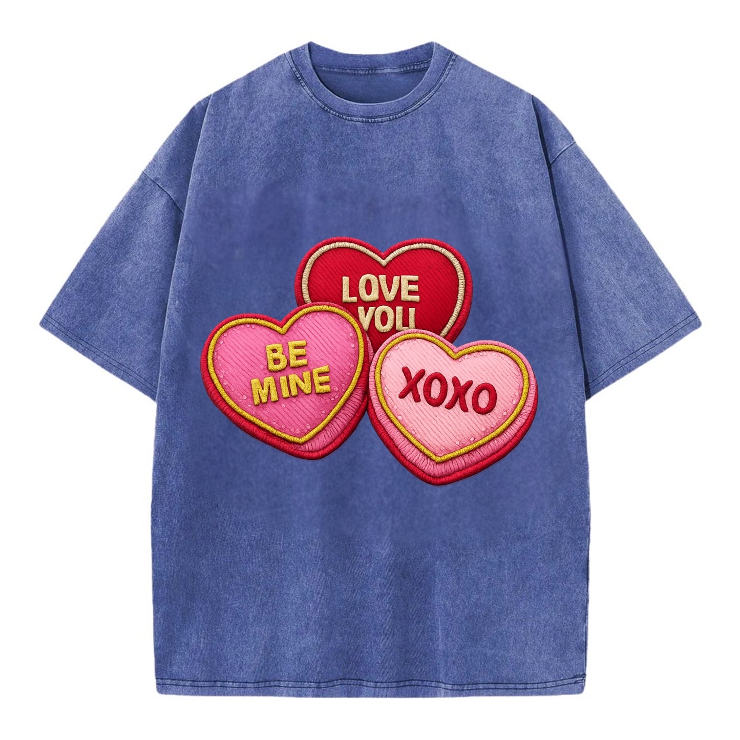 VALENTINES HEARTS - candy hearts in pink and red , love day - Vintage T-shirt - Blue