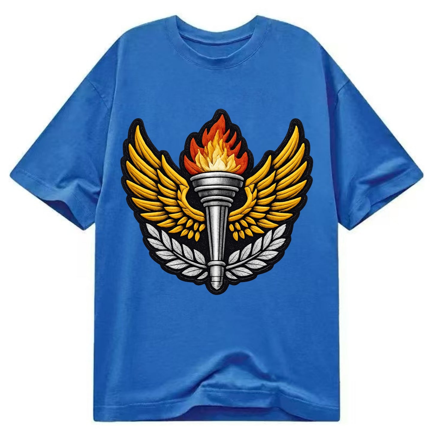 Embroidered patch design - TRACK AND FIELD TORCH - Olympic style torch with wings - Classic T-shirt - Blue
