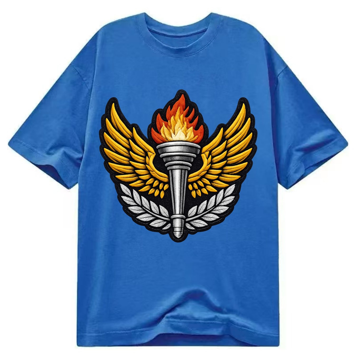 Embroidered patch design - TRACK AND FIELD TORCH - Olympic style torch with wings - Classic T-shirt - Blue