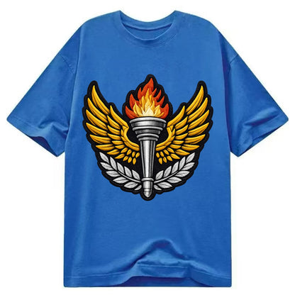 Embroidered patch design - TRACK AND FIELD TORCH - Olympic style torch with wings - Classic T-shirt - Blue