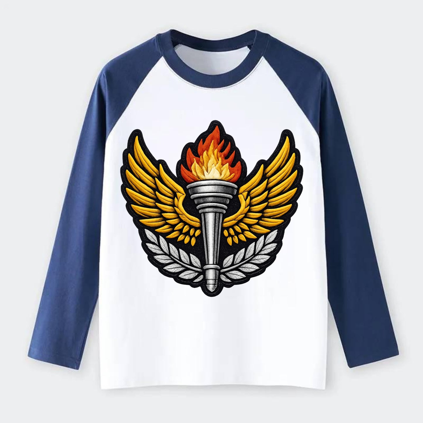 Embroidered patch design - TRACK AND FIELD TORCH - Olympic style torch - Raglan Long Sleeve T-Shirt - Blue