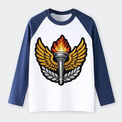 Embroidered patch design - TRACK AND FIELD TORCH - Olympic style torch - Raglan Long Sleeve T-Shirt - Blue