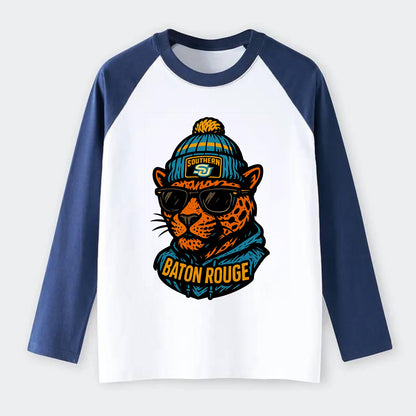 Baton Rouge Jaguar wearing Southern beanie with SU patch - Raglan Long Sleeve T-Shirt - Blue
