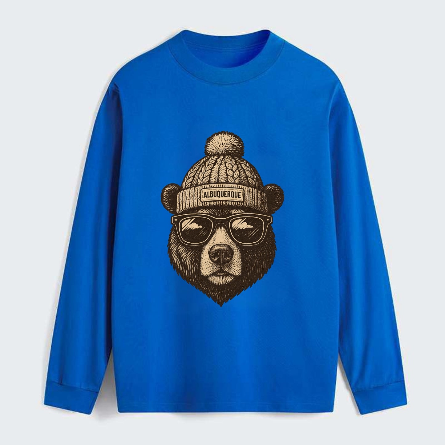 New Mexico Black Bear wearing Albuquerque beanie with pom pom and - Classic Long Sleeve Shirt - Blue
