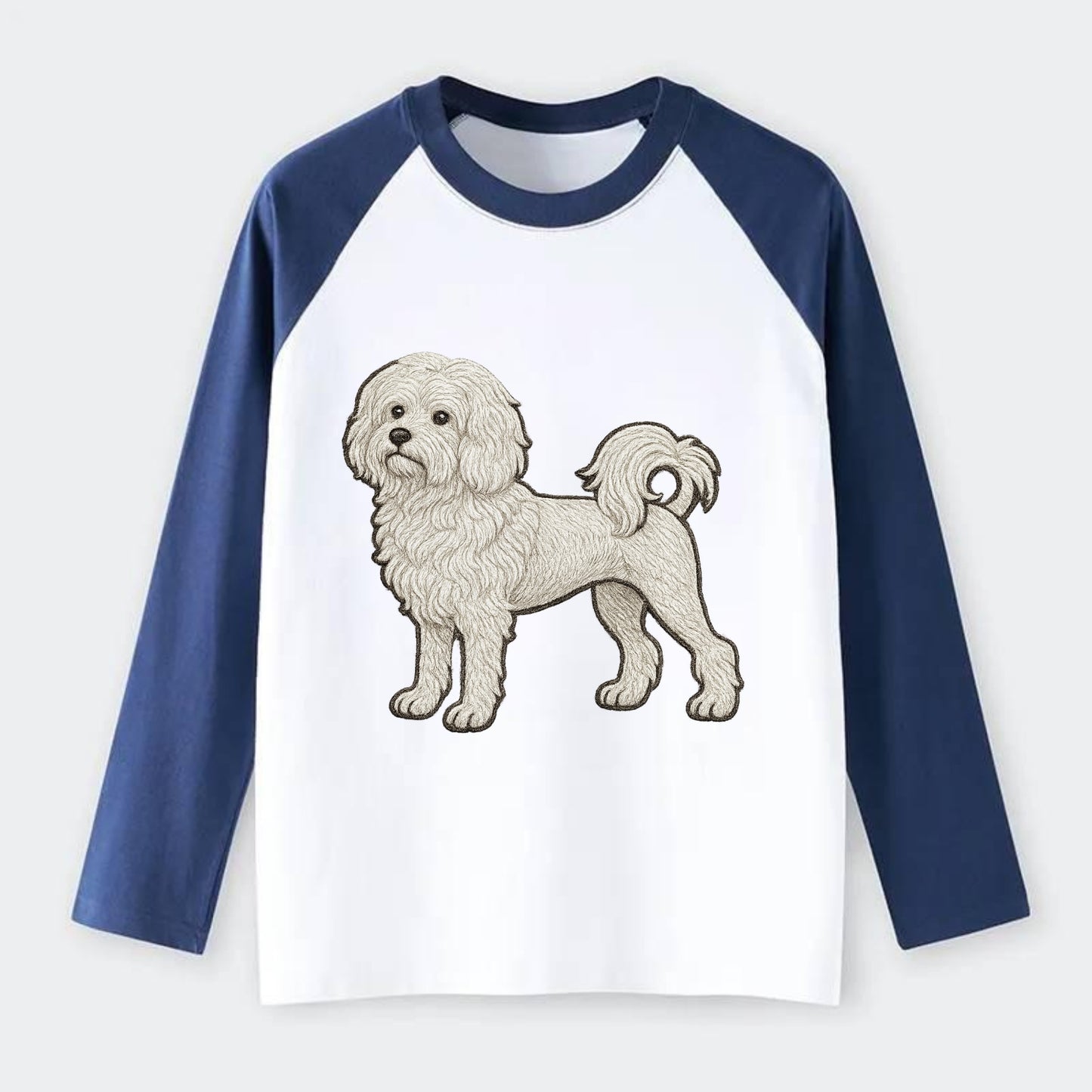 Löwchen - Little Lion Dog white embroidered pose - Raglan Long Sleeve T-Shirt - Blue